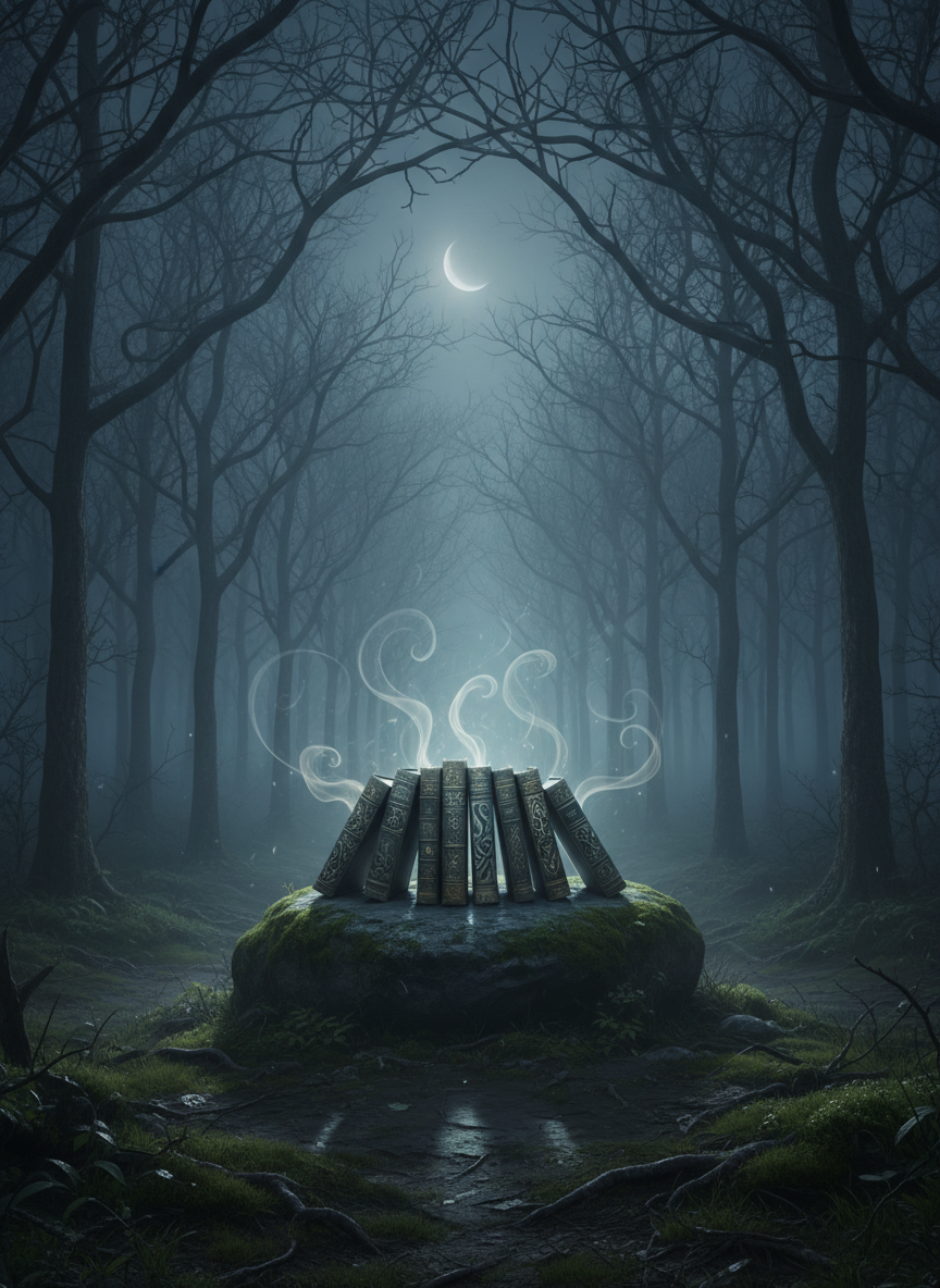A mist-laden forest at midnight, trees tall and skeletal with twisted branches forming natural arches overhead, opens into a narrow clearing where a cluster of closed books sits on a moss-covered stone. Each book has a different darkly ornate cover design, evoking separate fantasy-mystery series without readable titles. Wisps of pale, ghostly light seep from the cracks between the pages, coiling into the air like breath. The scene is lit only by a distant, obscured moon and the eerie luminescence from the books, creating long, reaching shadows and an unsettling, cinematic glow. Framed at ground level with the moss and roots in sharp foreground focus, the forest blurs into a haunting, indistinct backdrop.