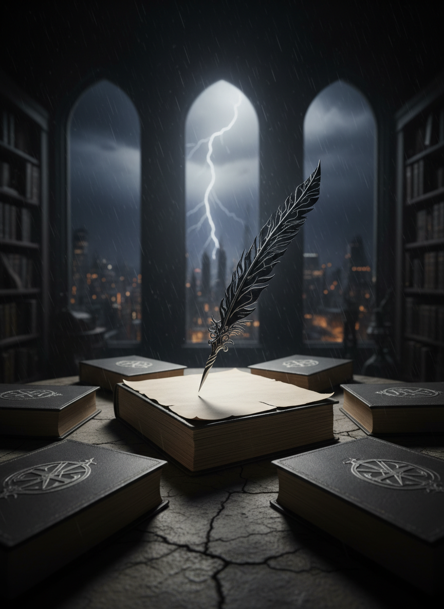 A lone, intricately crafted metal quill, forged from twisted black steel with vein-like silver inlays, hovers a breath above a spread of blank, thick parchment pages bound in a heavy, charcoal-gray tome. Around it, other closed books form a deliberate ring, each cover adorned with unique, abstract emblems to suggest separate series. The scene unfolds atop a cracked stone desk overlooking a storm-lashed, nocturnal cityscape through tall arched windows. Lightning flashes intermittently, providing stark, high-contrast illumination that rakes across the quill’s edges, while the rest of the room sinks into velvety darkness. Cinematic, low-angle composition emphasizes the quill as an almost supernatural conduit for world-building and mystery.