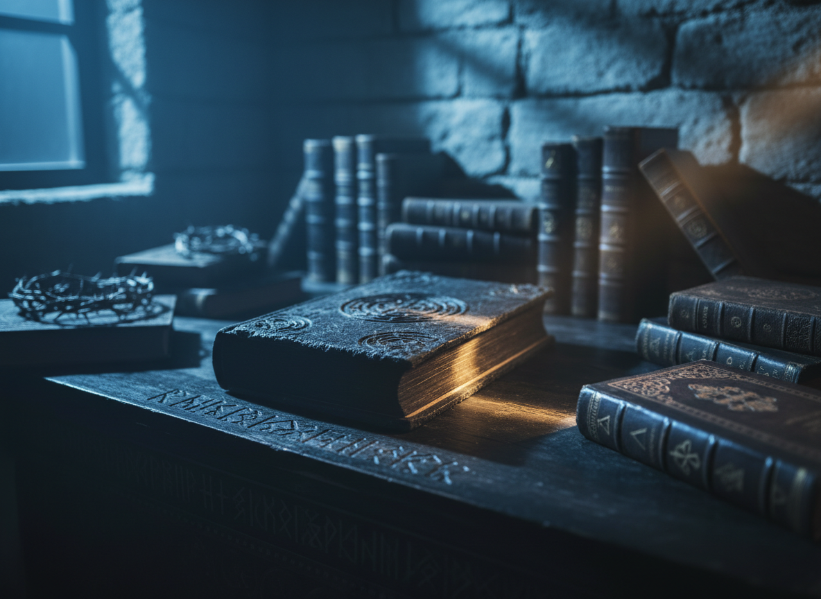 A weathered obsidian book, its cover etched with faint, labyrinthine sigils that seem to shift, rests atop a blackened wooden altar carved with barely legible runes. Around it lies a scattered constellation of other volumes, each with distinct, ornate spines hinting at different dark fantasy series. Dim, cold blue light spills from an unseen window, intersected by a single narrow beam of warm candlelight that grazes the central book, casting long, dramatic shadows. Shot in cinematic, high-contrast realism from a low, forward angle, the composition uses a shallow depth of field so the primary book is razor sharp while the surrounding tomes and stone walls blur into a mysterious, ominous haze.