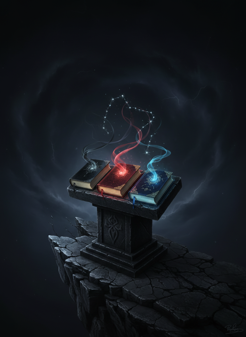 On a jagged cliff edge overlooking a swirling, starless void, a black stone lectern supports three prominently displayed tomes, each distinct in color and texture—one matte obsidian, one cracked blood-red leather, one deep midnight blue with metallic inlays—symbolizing different book series. Ethereal, spectral ribbons of light rise from each cover and intertwine above, forming a subtle, shifting constellation. The only illumination comes from these eerie glows and a faint, distant lightning storm below the cliff, casting cinematic, upward lighting on the books and lectern. Captured from a slightly elevated, three-quarter angle, the composition highlights the equal prominence of each volume against the abyssal backdrop, reinforcing a sense of epic, interconnected worlds.