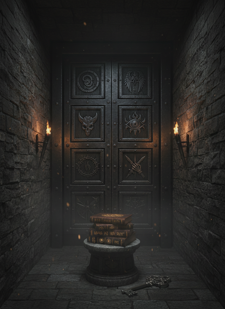 A massive, ancient door of black iron and burned oak looms at the end of a narrow stone corridor, its surface divided into panels, each engraved with a different, intricate emblem suggesting distinct dark fantasy series. At the door’s base lies a low, ceremonial pedestal bearing several stacked, rune-embossed volumes and a metal key shaped like an ornate quill. Flickering torchlight along the corridor walls casts restless, amber highlights across the engravings, while deep shadows consume the ceiling. Shot in a cinematic, central vanishing-point composition, the image conveys a sense of crossing into the collective worlds of the author, with atmospheric dust and faint mist enhancing the brooding, mysterious mood.