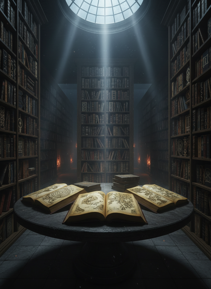 An expansive, shadow-drenched library chamber stretches into darkness, towering shelves packed with ancient, leather-bound books, each spine uniquely decorated to suggest different interconnected series. In the center, a circular stone table displays several open volumes, their pages filled with intricate, unreadable diagrams and maps of impossible worlds. A cold, moonlit shaft falls from a cracked domed ceiling, intersected by motes of dust, while faint ember-like glows pulse between the shelves, hinting at hidden portals. Captured in a wide, cinematic shot with deep perspective lines, the mood is brooding and anticipatory, inviting exploration of multiple dark fantasy sagas without revealing specific text or symbols.